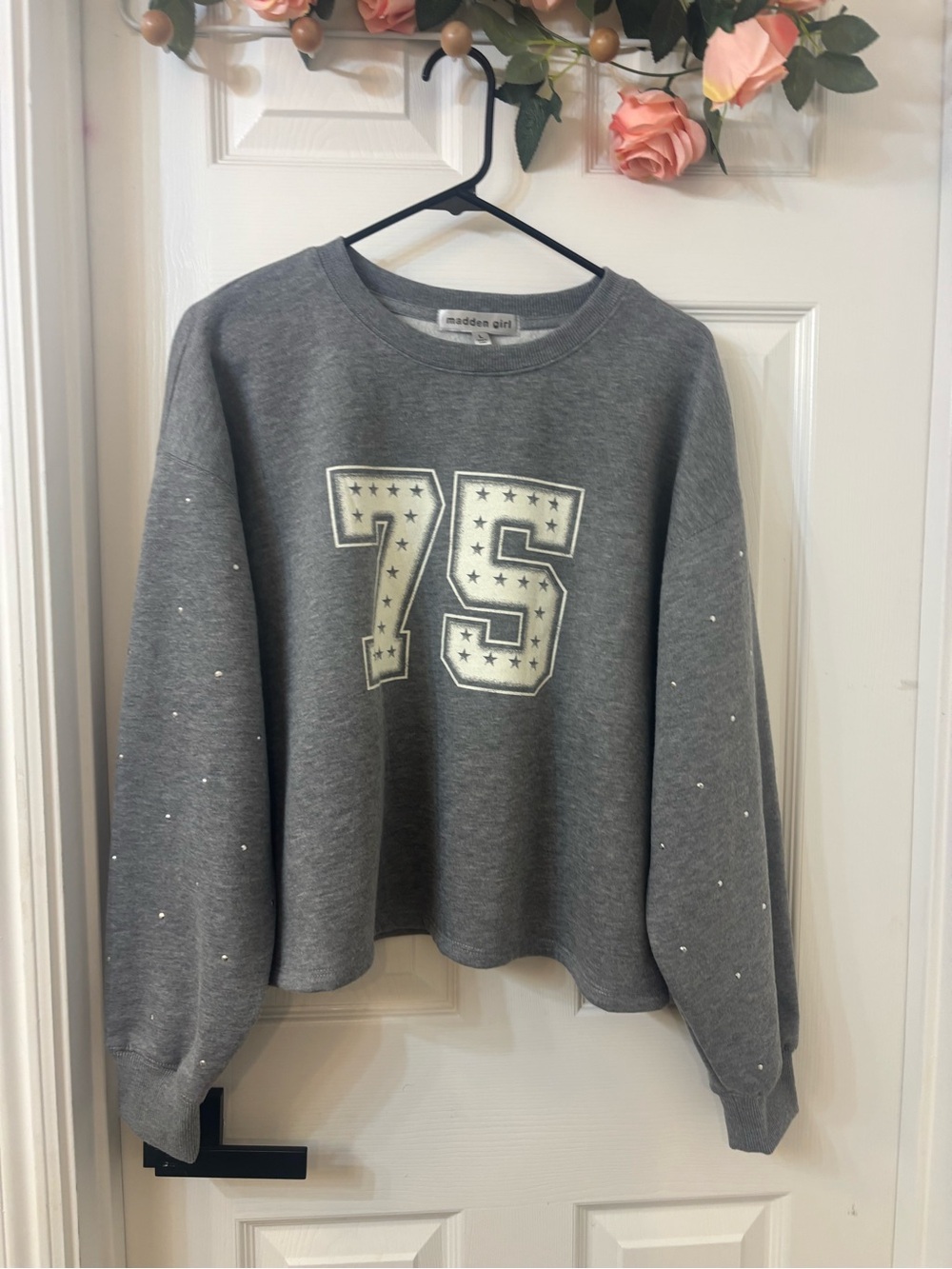 NWT! Madden Girl Gray Pullover Sweatshirt with Metallic '75'